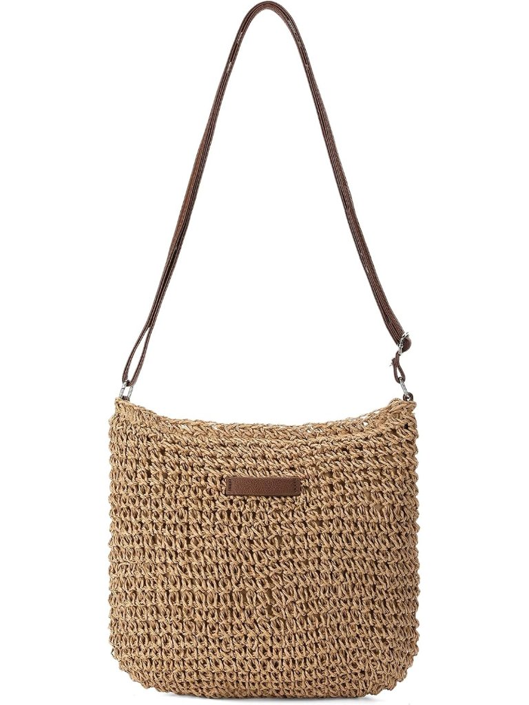 Straw Beach Bag For Women Small Woven Crossbody Bag Summer Mesh Hollow Beachy Pu